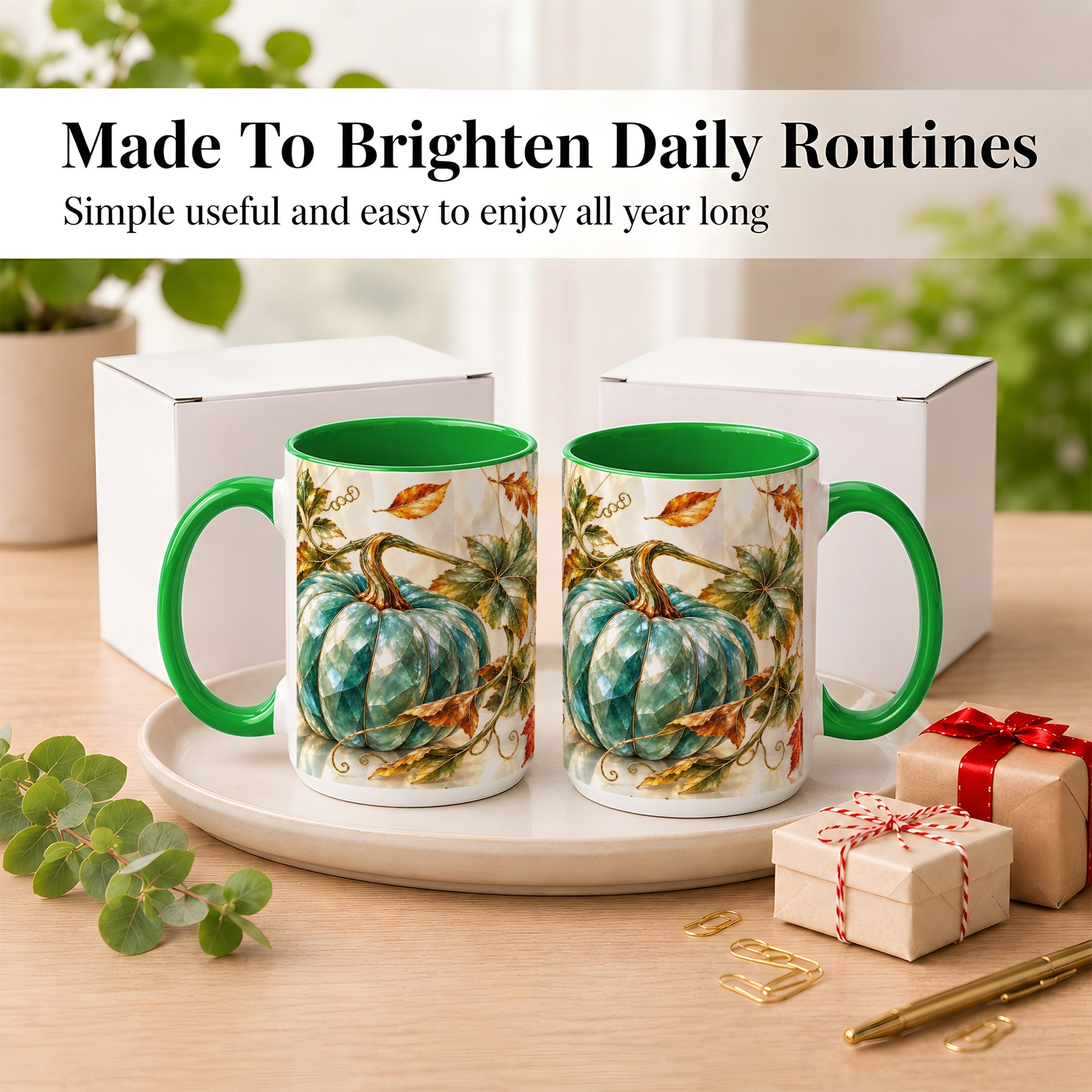 #pl[15oz|Green] Geometric Teal Pumpkin Coffee Mug, Fall Leaves Mug, Ceramic Cup