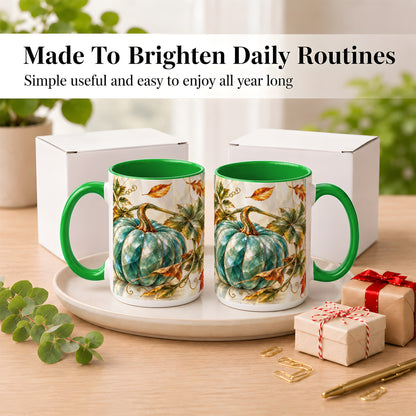 #pl[15oz|Green] Geometric Teal Pumpkin Coffee Mug, Fall Leaves Mug, Ceramic Cup