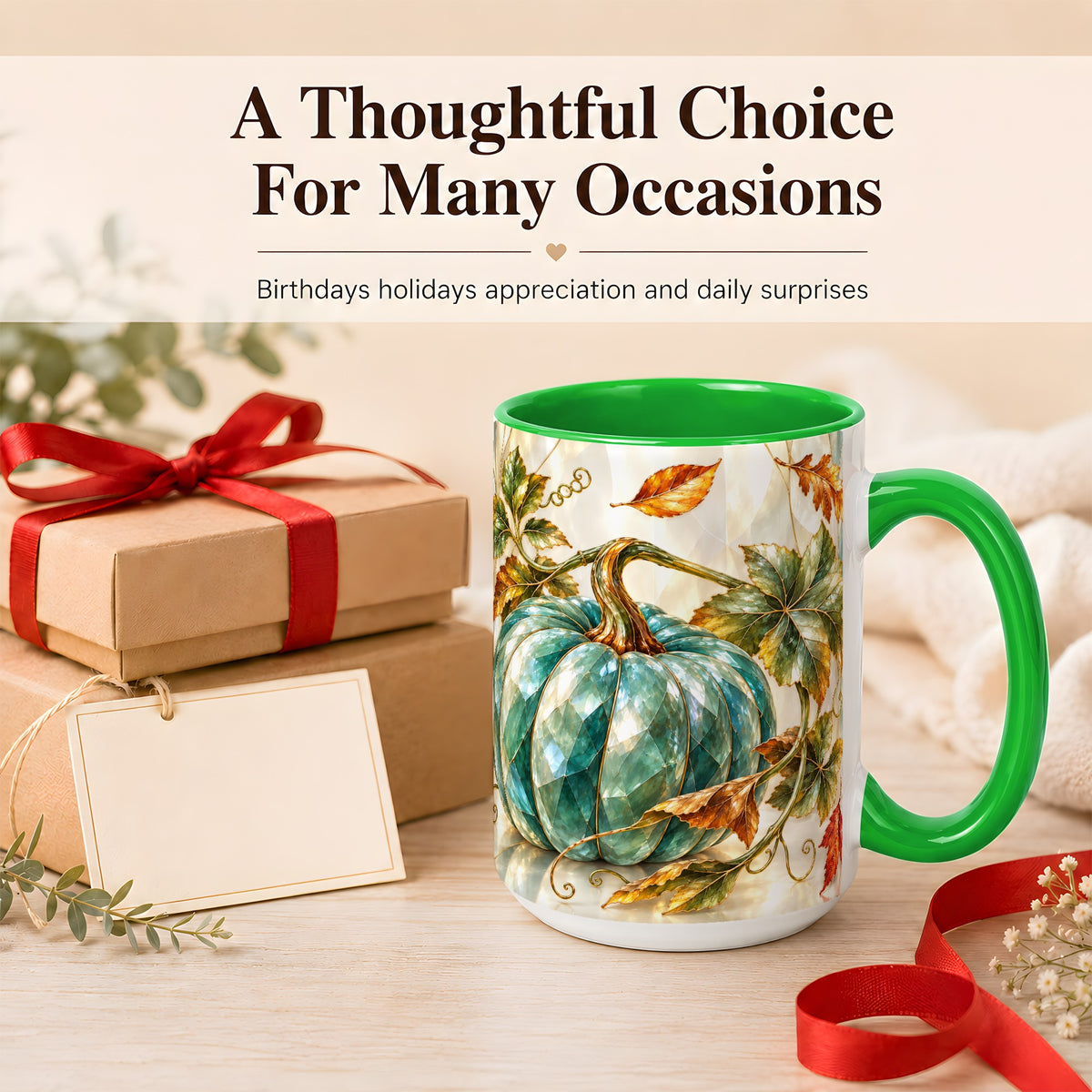 #pl[15oz|Green] Geometric Teal Pumpkin Coffee Mug, Fall Leaves Mug, Ceramic Cup