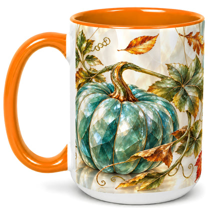 #pl[15oz|Orange] Geometric Teal Pumpkin Coffee Mug, Fall Leaves Mug, Ceramic Cup
