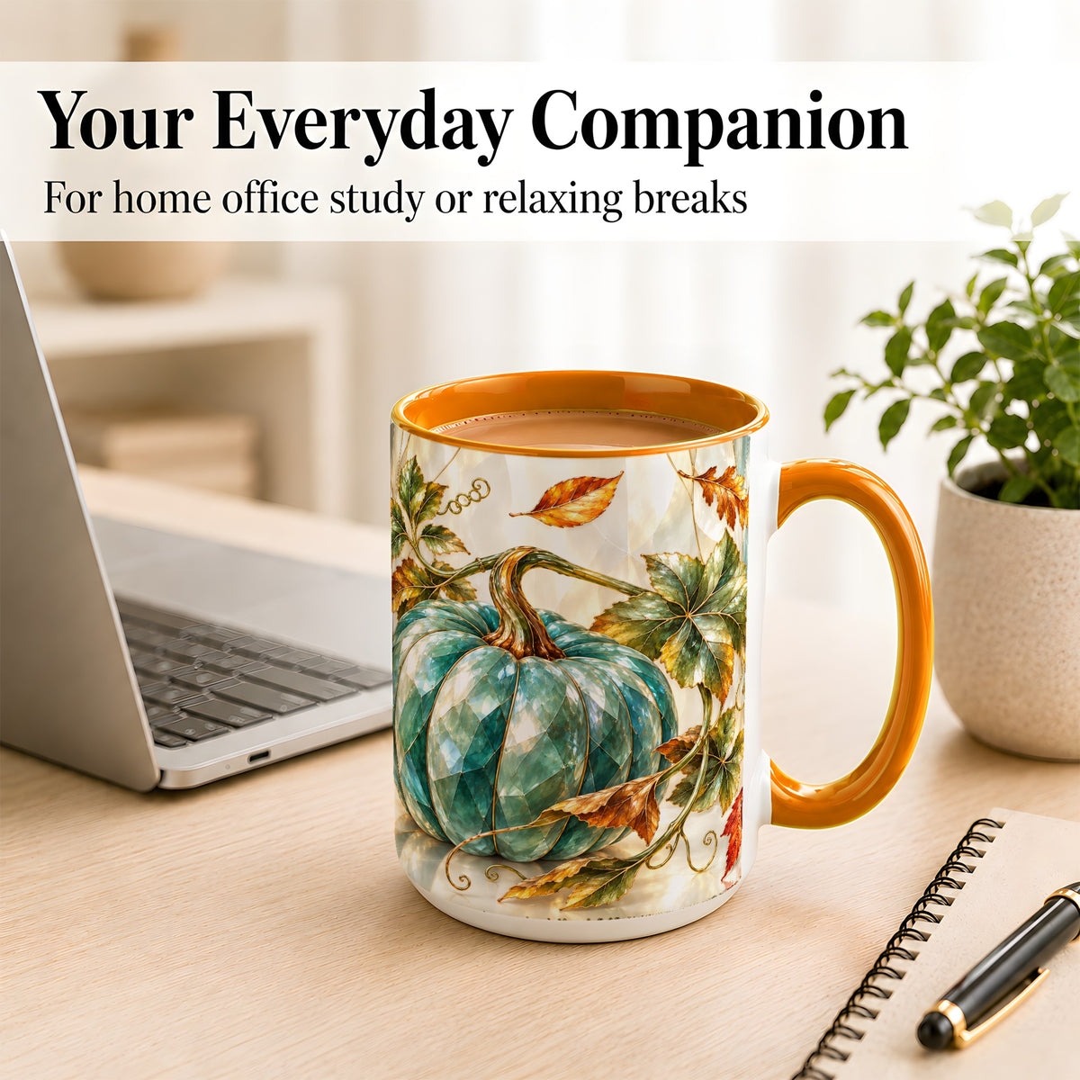 #pl[15oz|Orange] Geometric Teal Pumpkin Coffee Mug, Fall Leaves Mug, Ceramic Cup