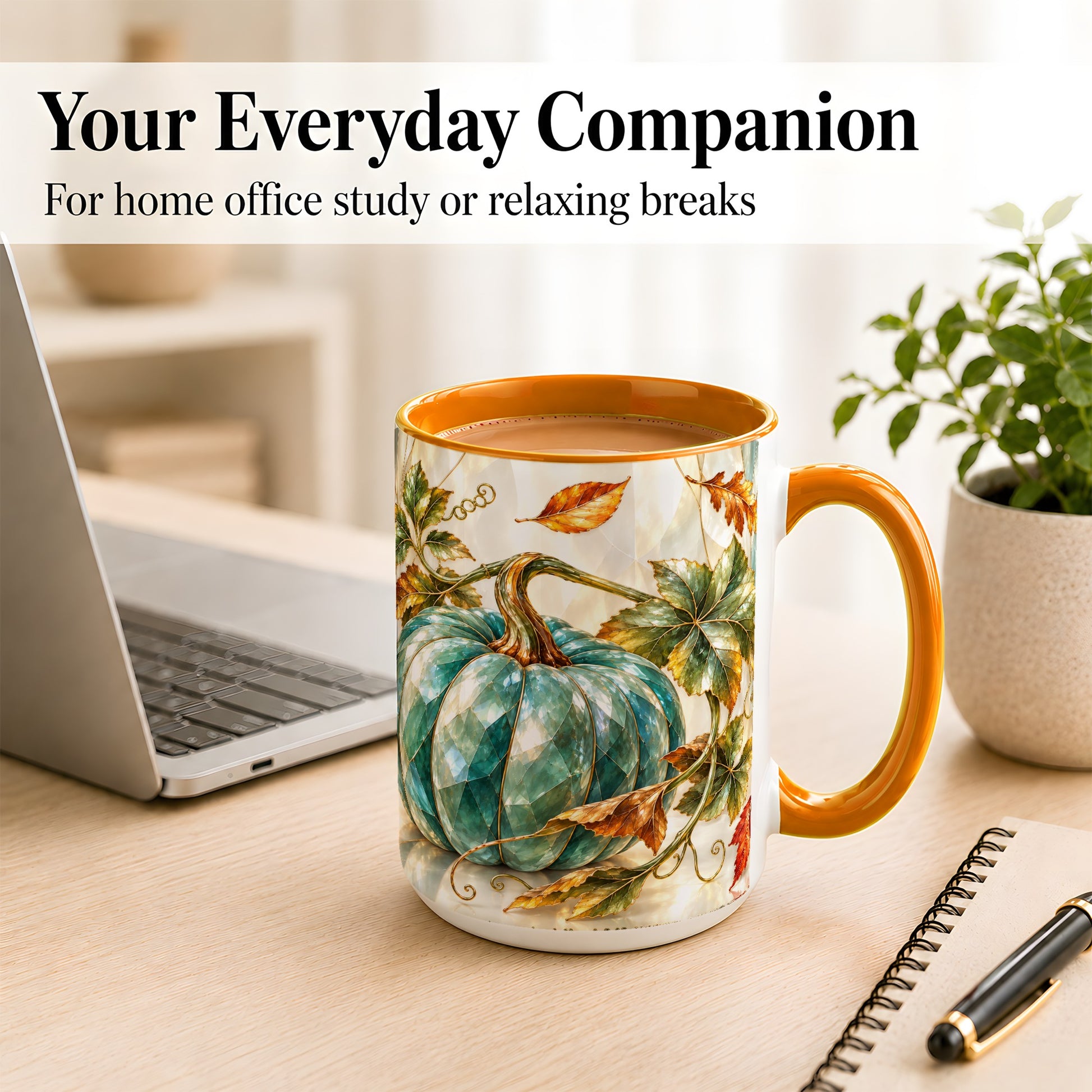 #pl[15oz|Orange] Geometric Teal Pumpkin Coffee Mug, Fall Leaves Mug, Ceramic Cup
