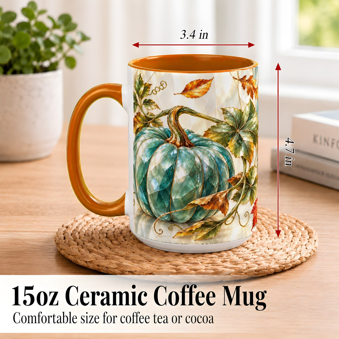 #pl[15oz|Orange] Geometric Teal Pumpkin Coffee Mug, Fall Leaves Mug, Ceramic Cup