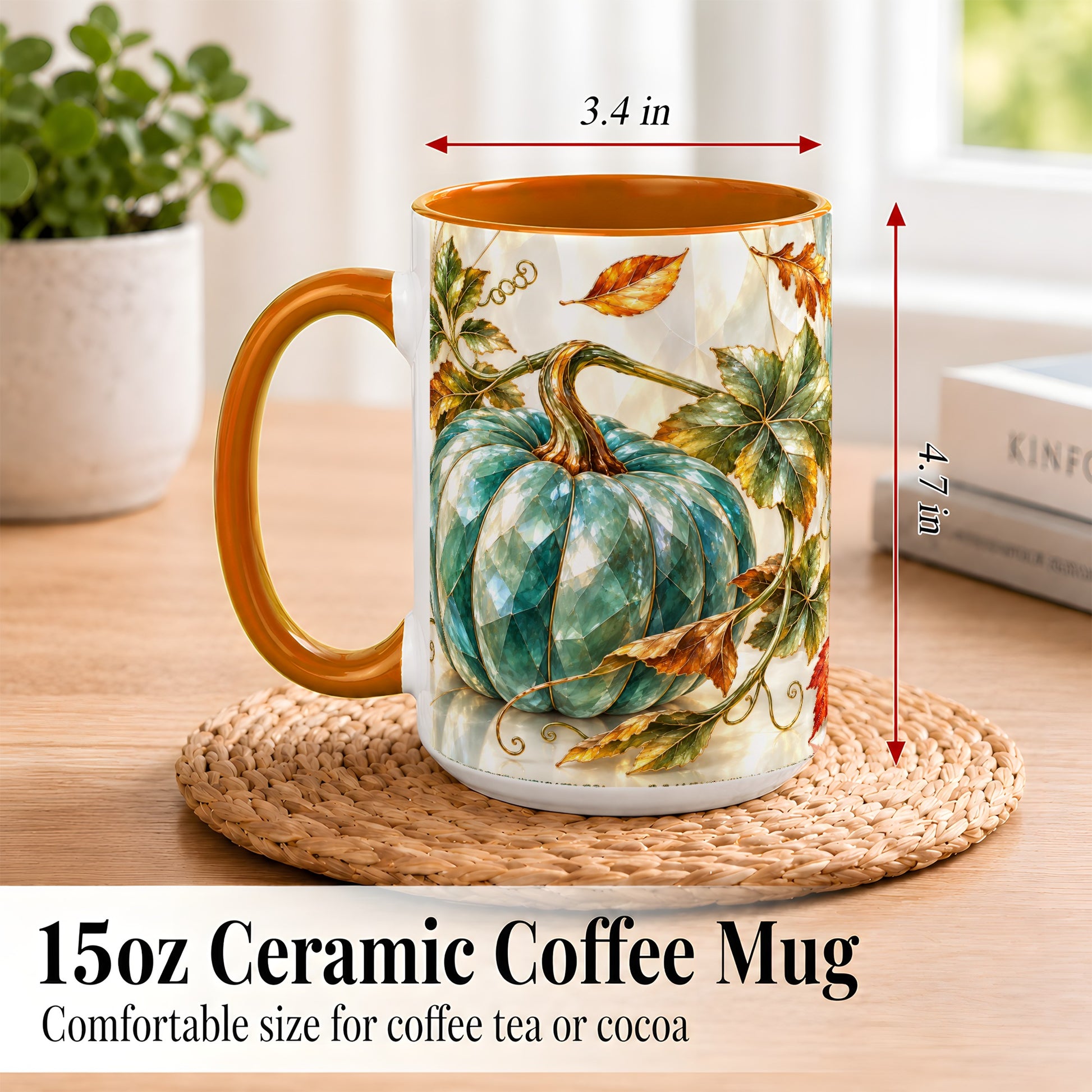 #pl[15oz|Orange] Geometric Teal Pumpkin Coffee Mug, Fall Leaves Mug, Ceramic Cup