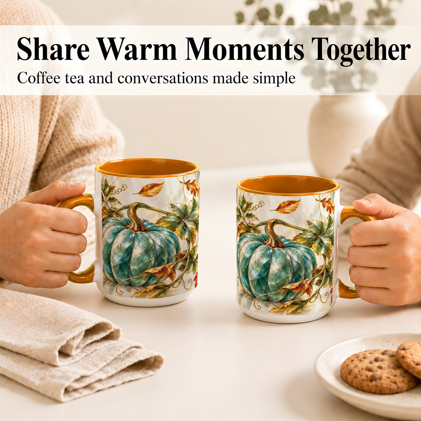 #pl[15oz|Orange] Geometric Teal Pumpkin Coffee Mug, Fall Leaves Mug, Ceramic Cup