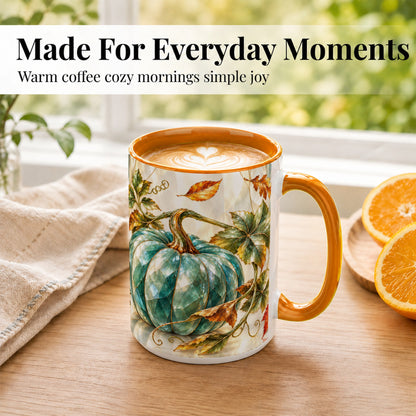 #pl[15oz|Orange] Geometric Teal Pumpkin Coffee Mug, Fall Leaves Mug, Ceramic Cup