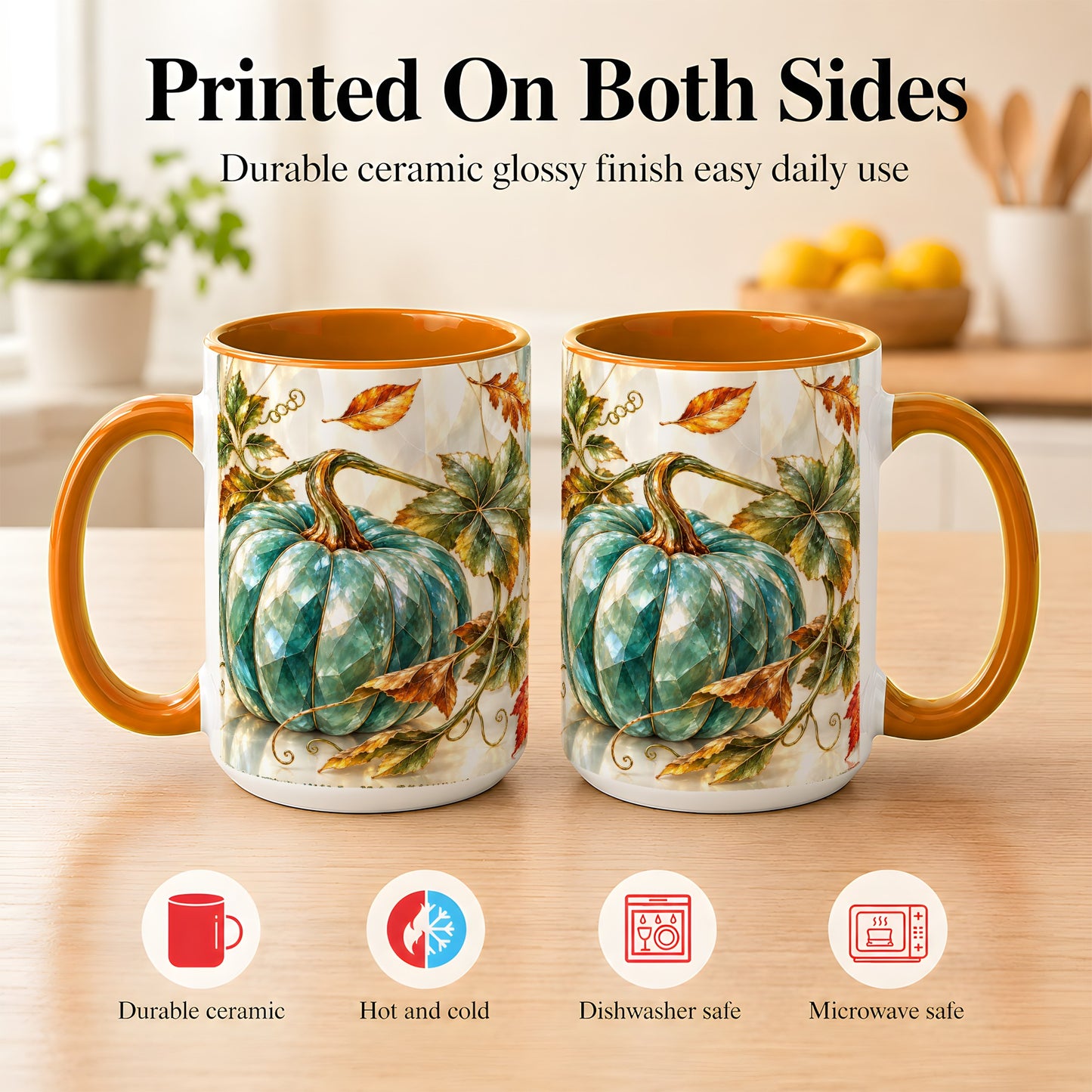 #pl[15oz|Orange] Geometric Teal Pumpkin Coffee Mug, Fall Leaves Mug, Ceramic Cup