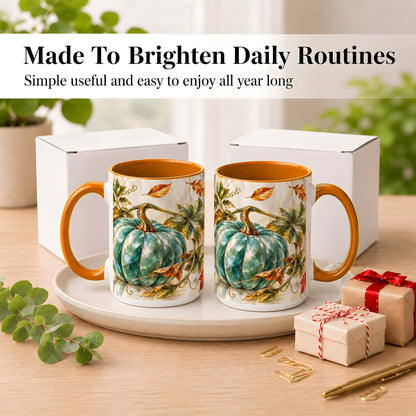 #pl[15oz|Orange] Geometric Teal Pumpkin Coffee Mug, Fall Leaves Mug, Ceramic Cup