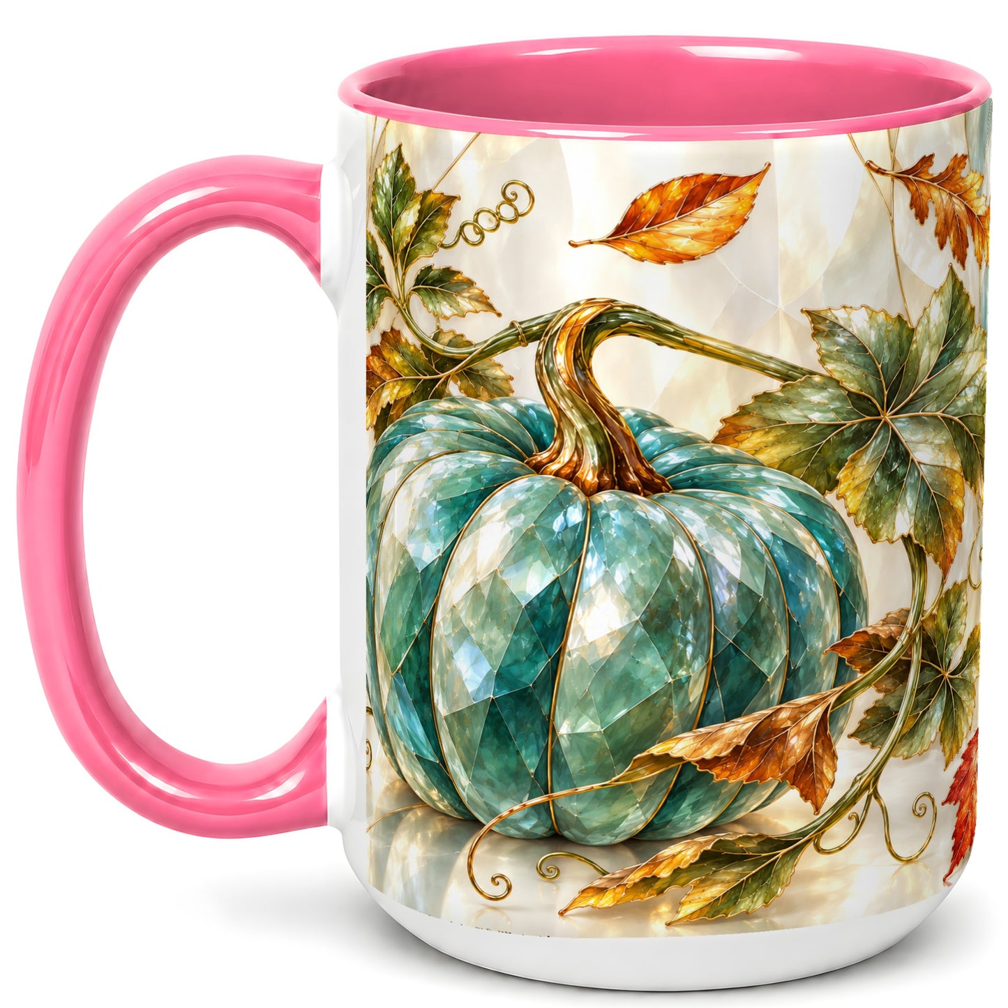 #pl[15oz|Pink] Geometric Teal Pumpkin Coffee Mug, Fall Leaves Mug, Ceramic Cup