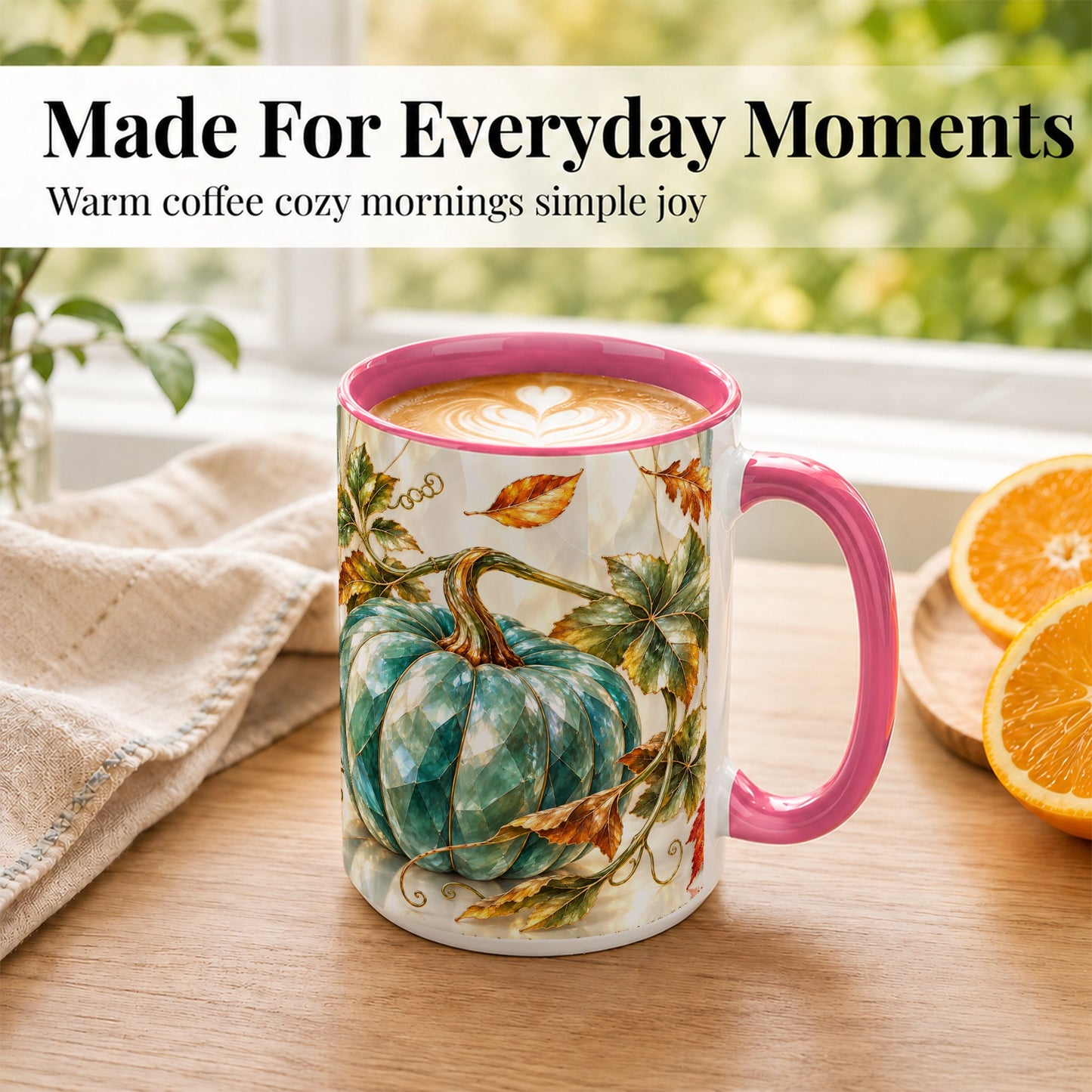 #pl[15oz|Pink] Geometric Teal Pumpkin Coffee Mug, Fall Leaves Mug, Ceramic Cup