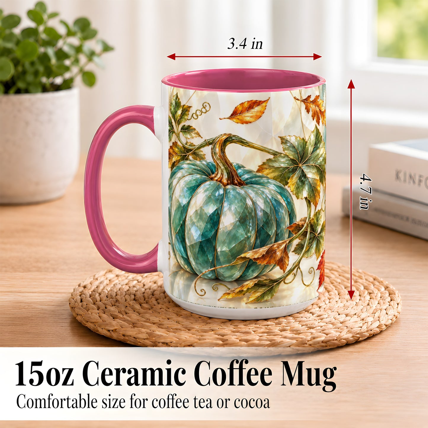 #pl[15oz|Pink] Geometric Teal Pumpkin Coffee Mug, Fall Leaves Mug, Ceramic Cup