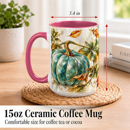 #pl[15oz|Pink] Geometric Teal Pumpkin Coffee Mug, Fall Leaves Mug, Ceramic Cup