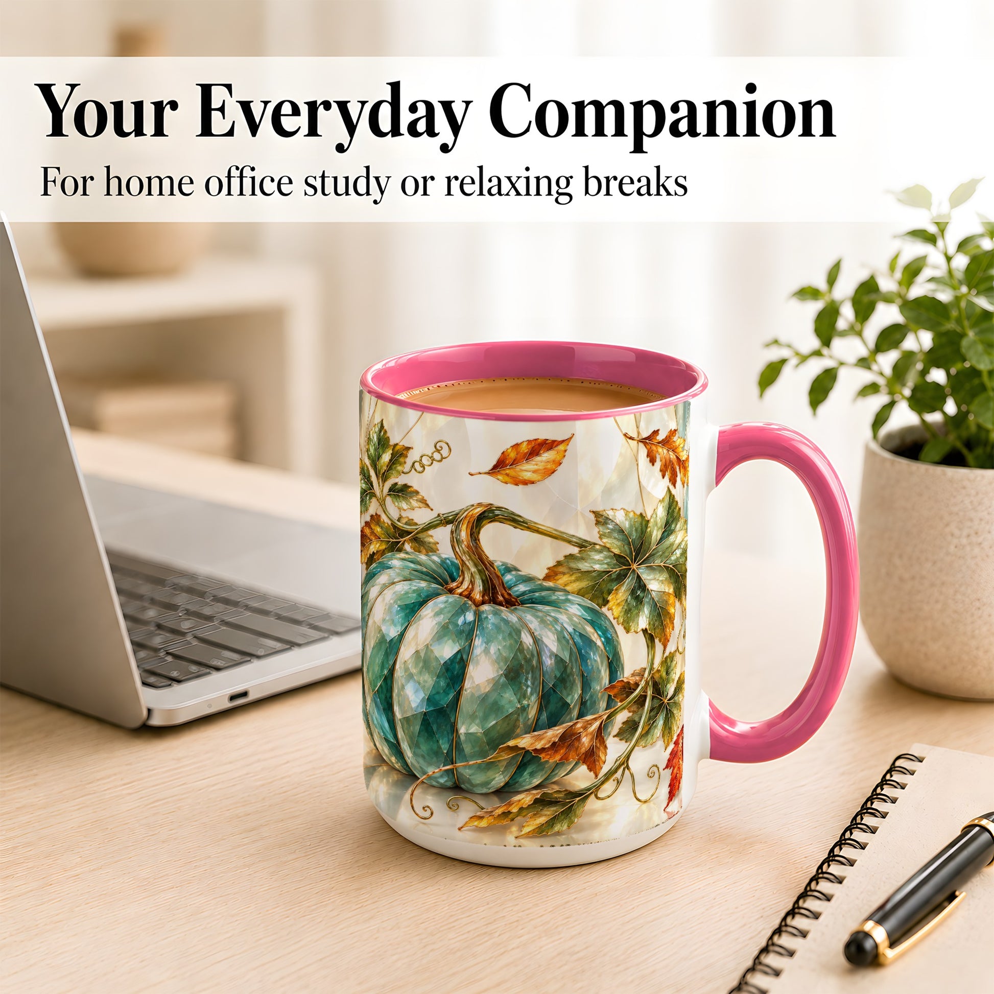 #pl[15oz|Pink] Geometric Teal Pumpkin Coffee Mug, Fall Leaves Mug, Ceramic Cup