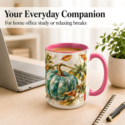 #pl[15oz|Pink] Geometric Teal Pumpkin Coffee Mug, Fall Leaves Mug, Ceramic Cup