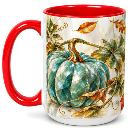 #pl[15oz|Red] Geometric Teal Pumpkin Coffee Mug, Fall Leaves Mug, Ceramic Cup
