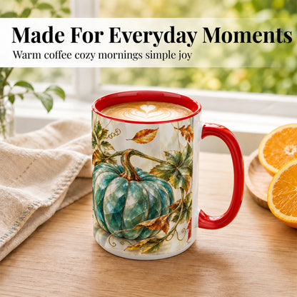 #pl[15oz|Red] Geometric Teal Pumpkin Coffee Mug, Fall Leaves Mug, Ceramic Cup