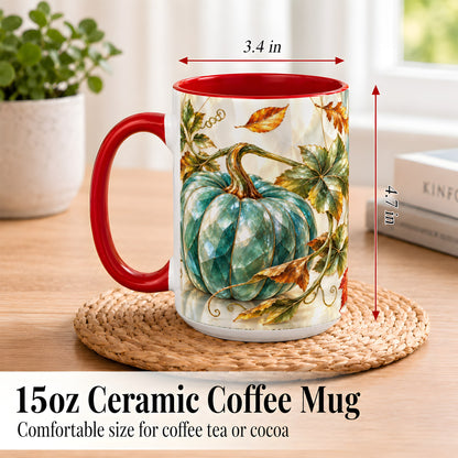 #pl[15oz|Red] Geometric Teal Pumpkin Coffee Mug, Fall Leaves Mug, Ceramic Cup