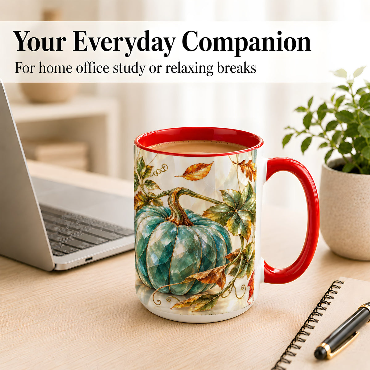 #pl[15oz|Red] Geometric Teal Pumpkin Coffee Mug, Fall Leaves Mug, Ceramic Cup