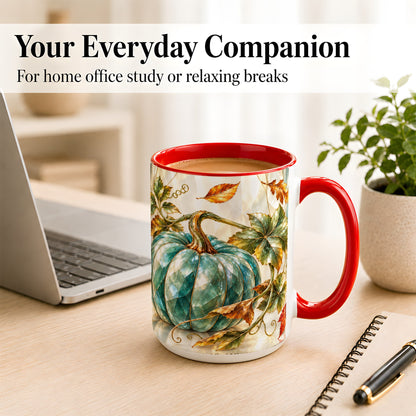 #pl[15oz|Red] Geometric Teal Pumpkin Coffee Mug, Fall Leaves Mug, Ceramic Cup