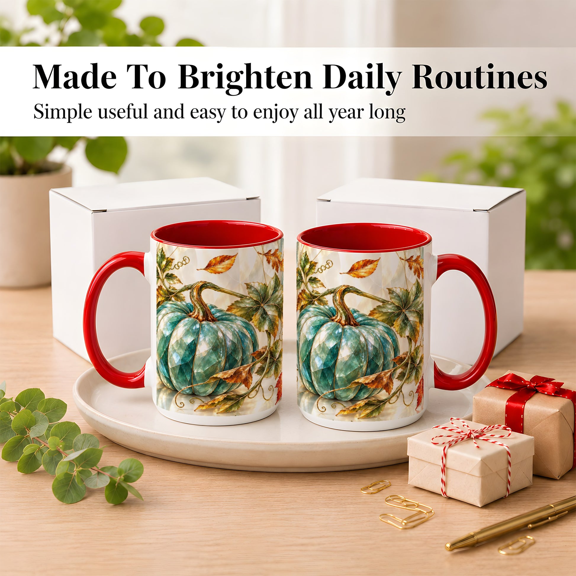#pl[15oz|Red] Geometric Teal Pumpkin Coffee Mug, Fall Leaves Mug, Ceramic Cup