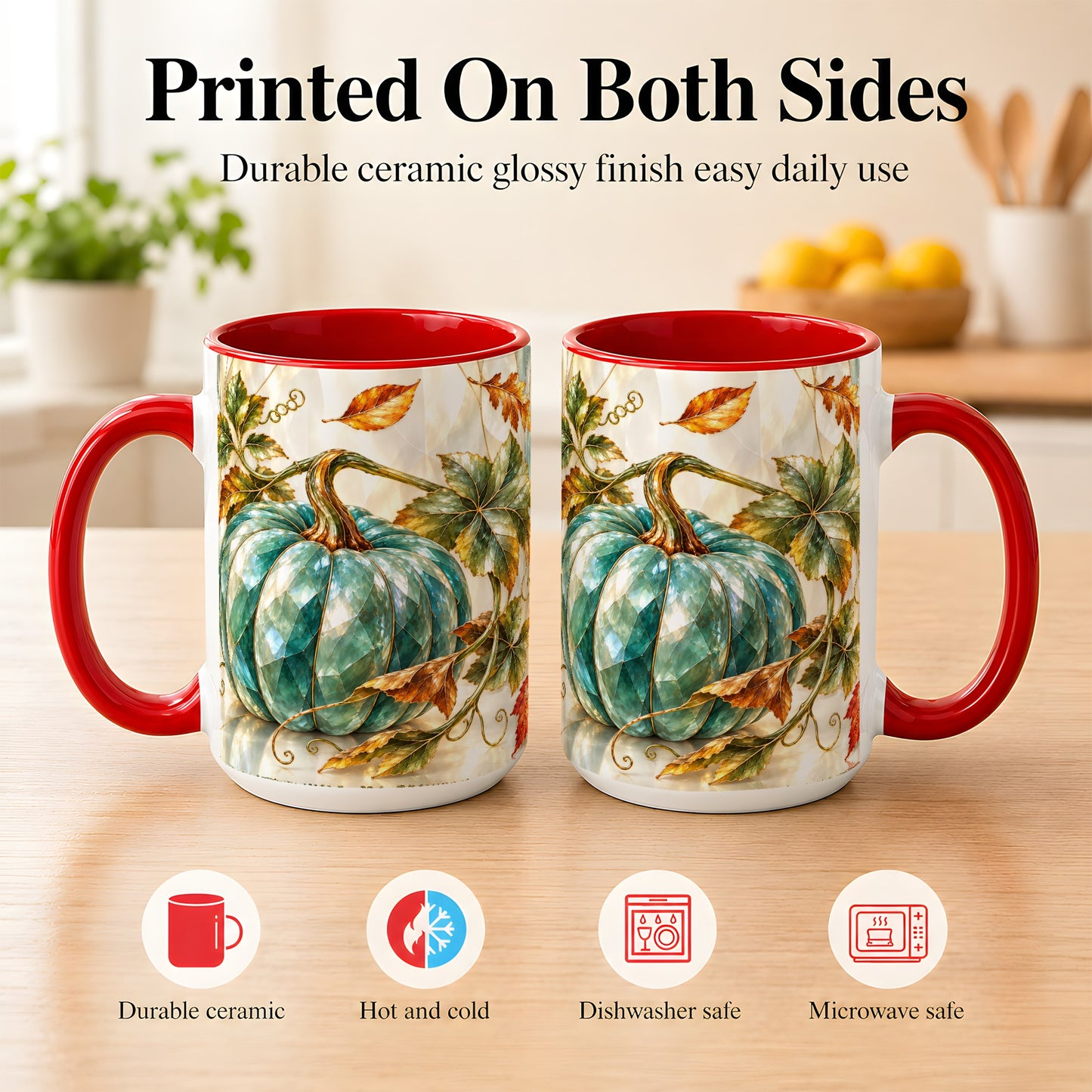 #pl[15oz|Red] Geometric Teal Pumpkin Coffee Mug, Fall Leaves Mug, Ceramic Cup