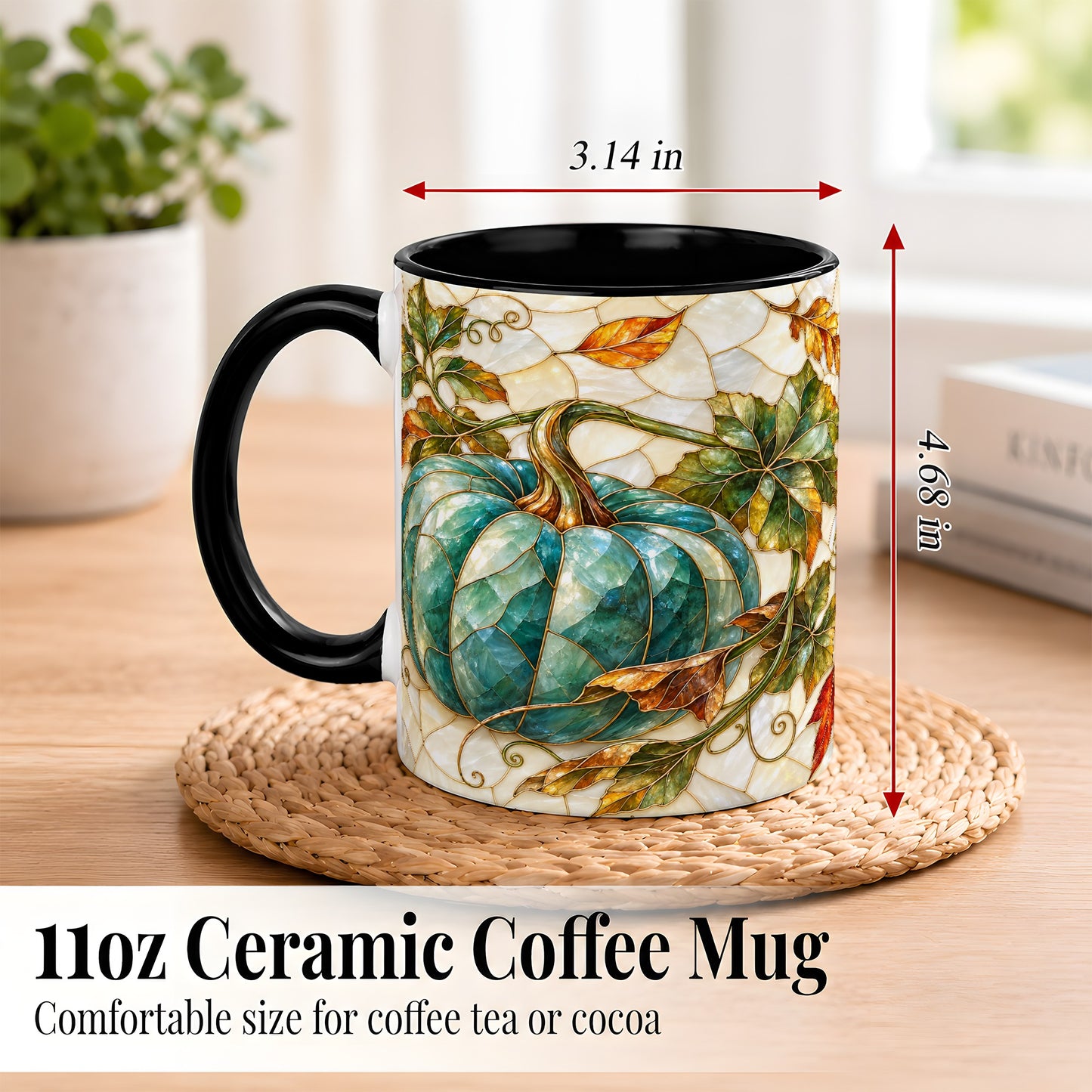 #pl[11oz|Black] Mosaic Teal Pumpkin Coffee Mug, Fall Leaves Mug, Ceramic Cup