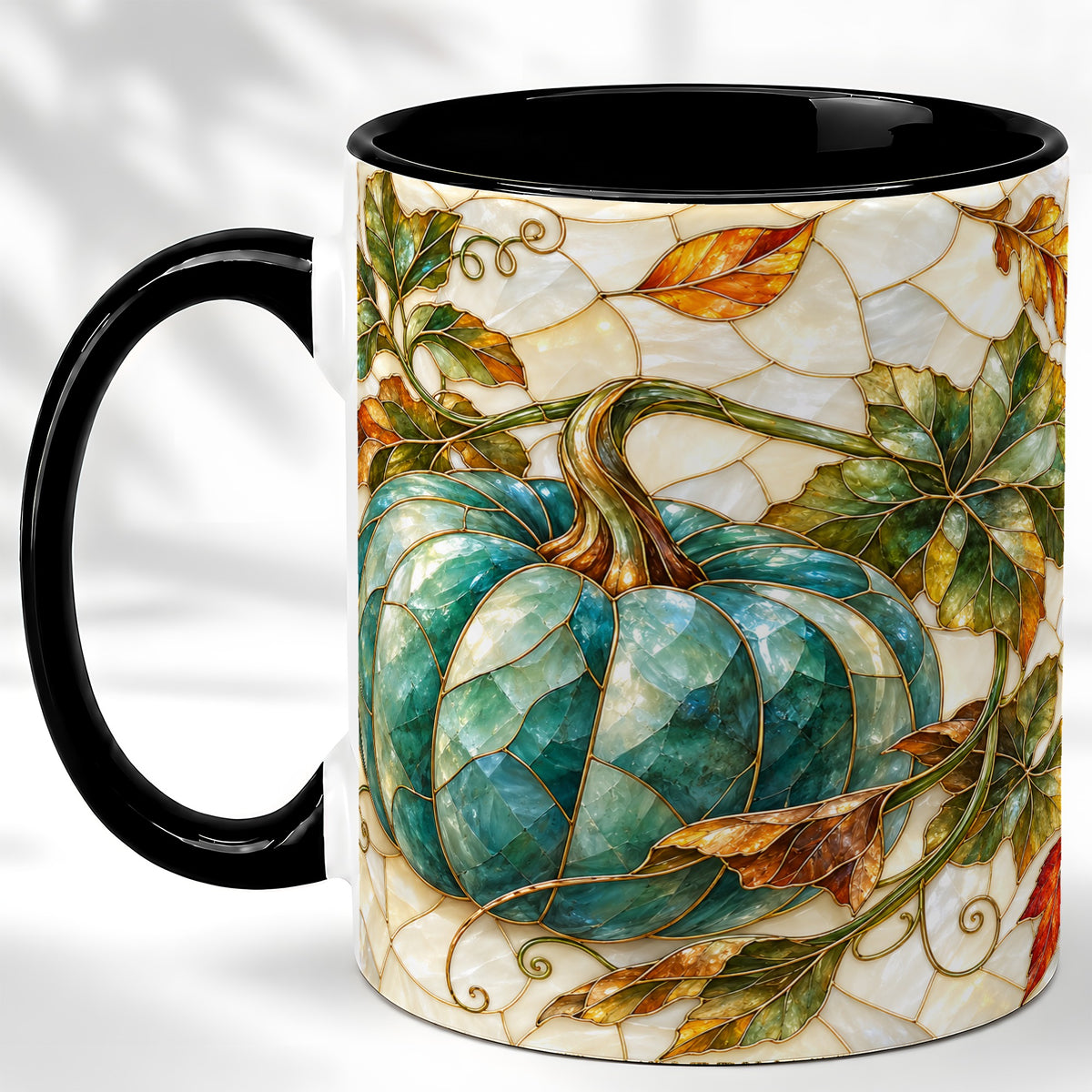 #pl[11oz|Black] Mosaic Teal Pumpkin Coffee Mug, Fall Leaves Mug, Ceramic Cup
