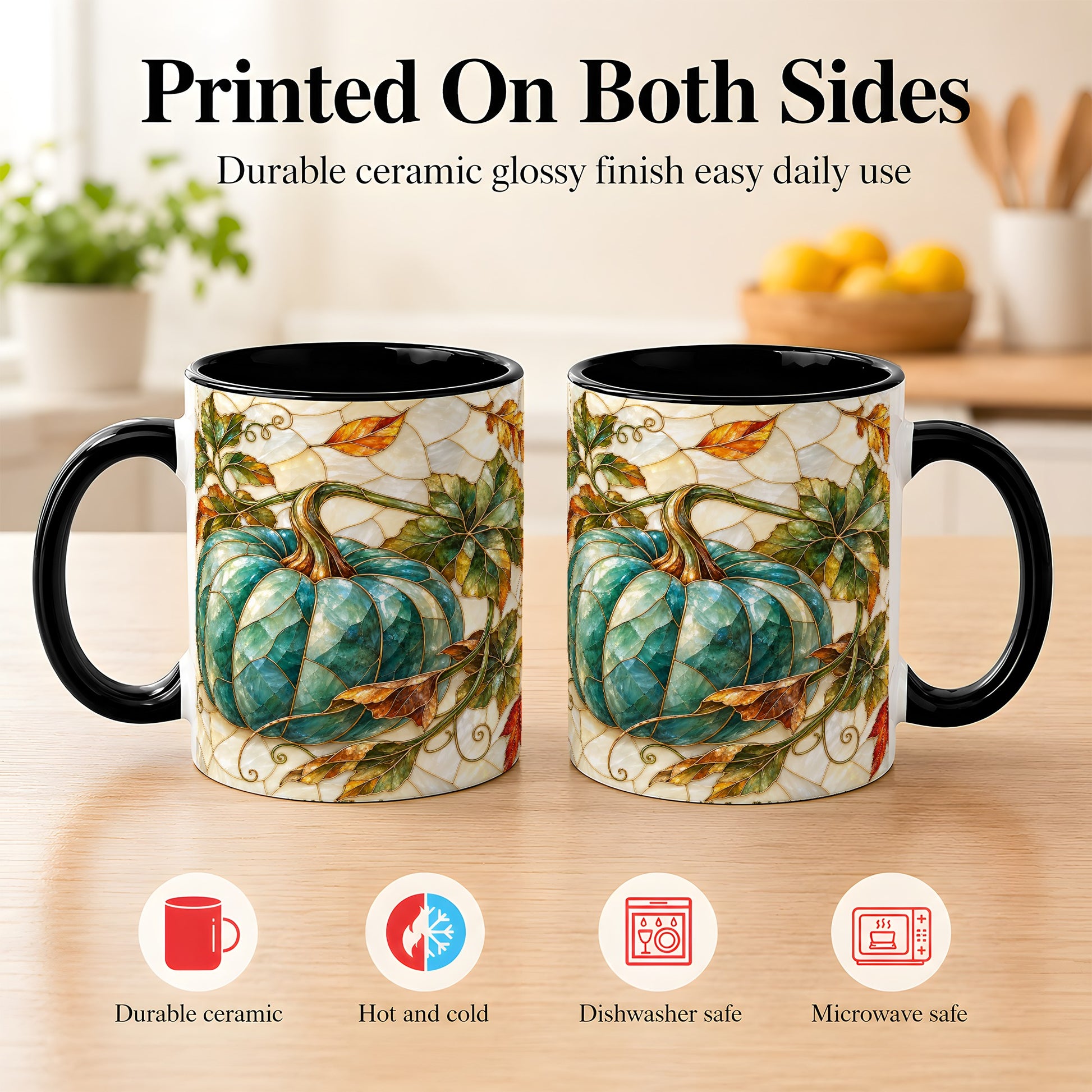 #pl[11oz|Black] Mosaic Teal Pumpkin Coffee Mug, Fall Leaves Mug, Ceramic Cup