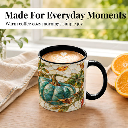 #pl[11oz|Black] Mosaic Teal Pumpkin Coffee Mug, Fall Leaves Mug, Ceramic Cup