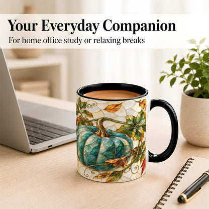 #pl[11oz|Black] Mosaic Teal Pumpkin Coffee Mug, Fall Leaves Mug, Ceramic Cup