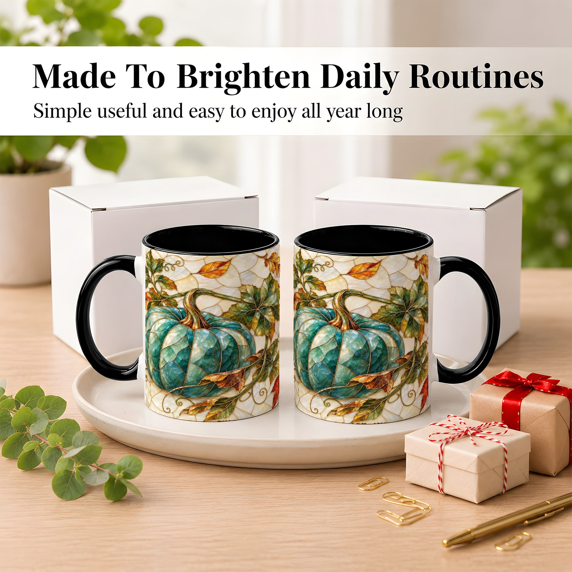 #pl[11oz|Black] Mosaic Teal Pumpkin Coffee Mug, Fall Leaves Mug, Ceramic Cup