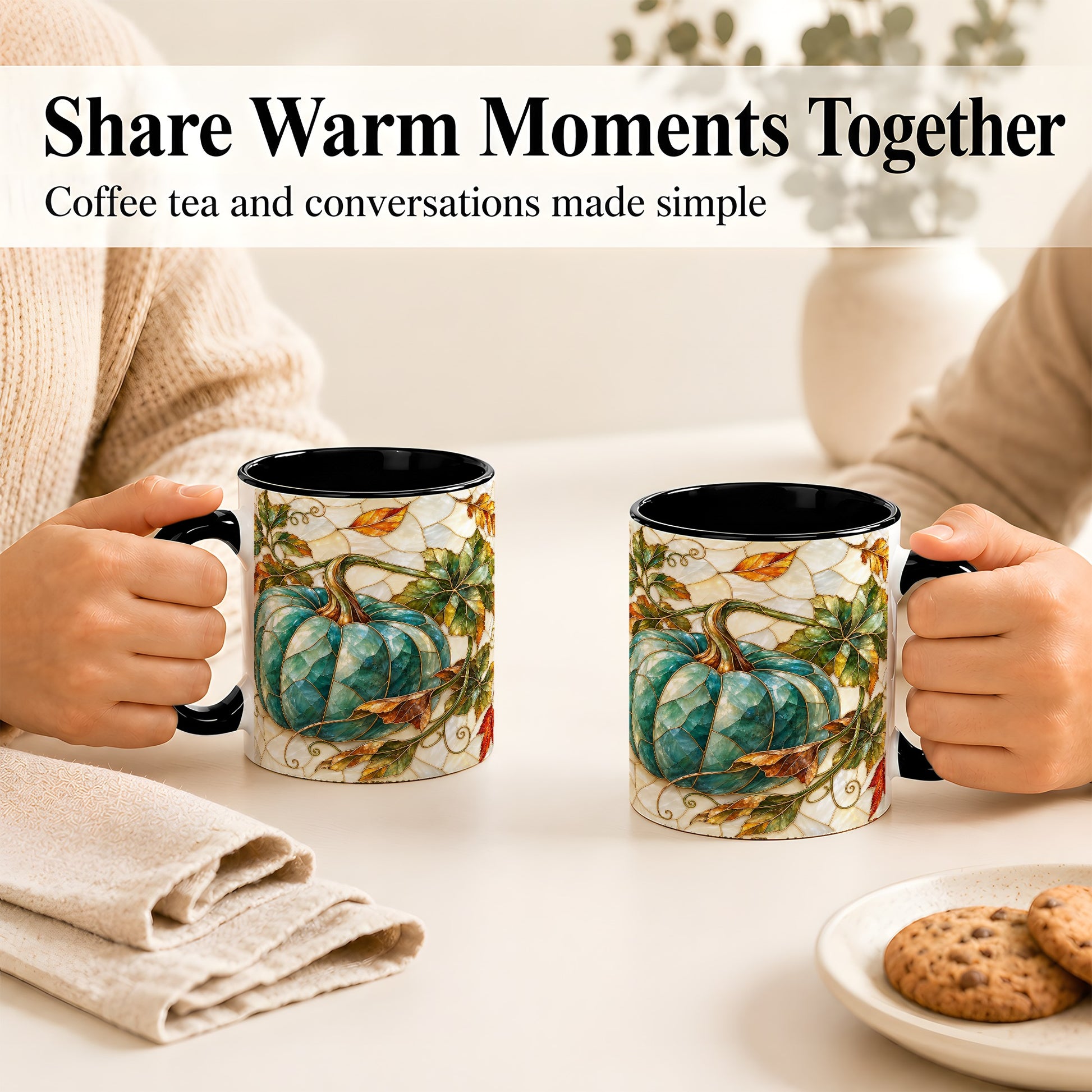 #pl[11oz|Black] Mosaic Teal Pumpkin Coffee Mug, Fall Leaves Mug, Ceramic Cup