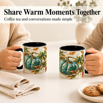 #pl[11oz|Black] Mosaic Teal Pumpkin Coffee Mug, Fall Leaves Mug, Ceramic Cup