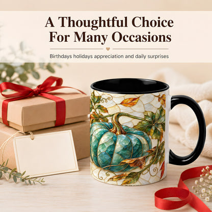 #pl[11oz|Black] Mosaic Teal Pumpkin Coffee Mug, Fall Leaves Mug, Ceramic Cup