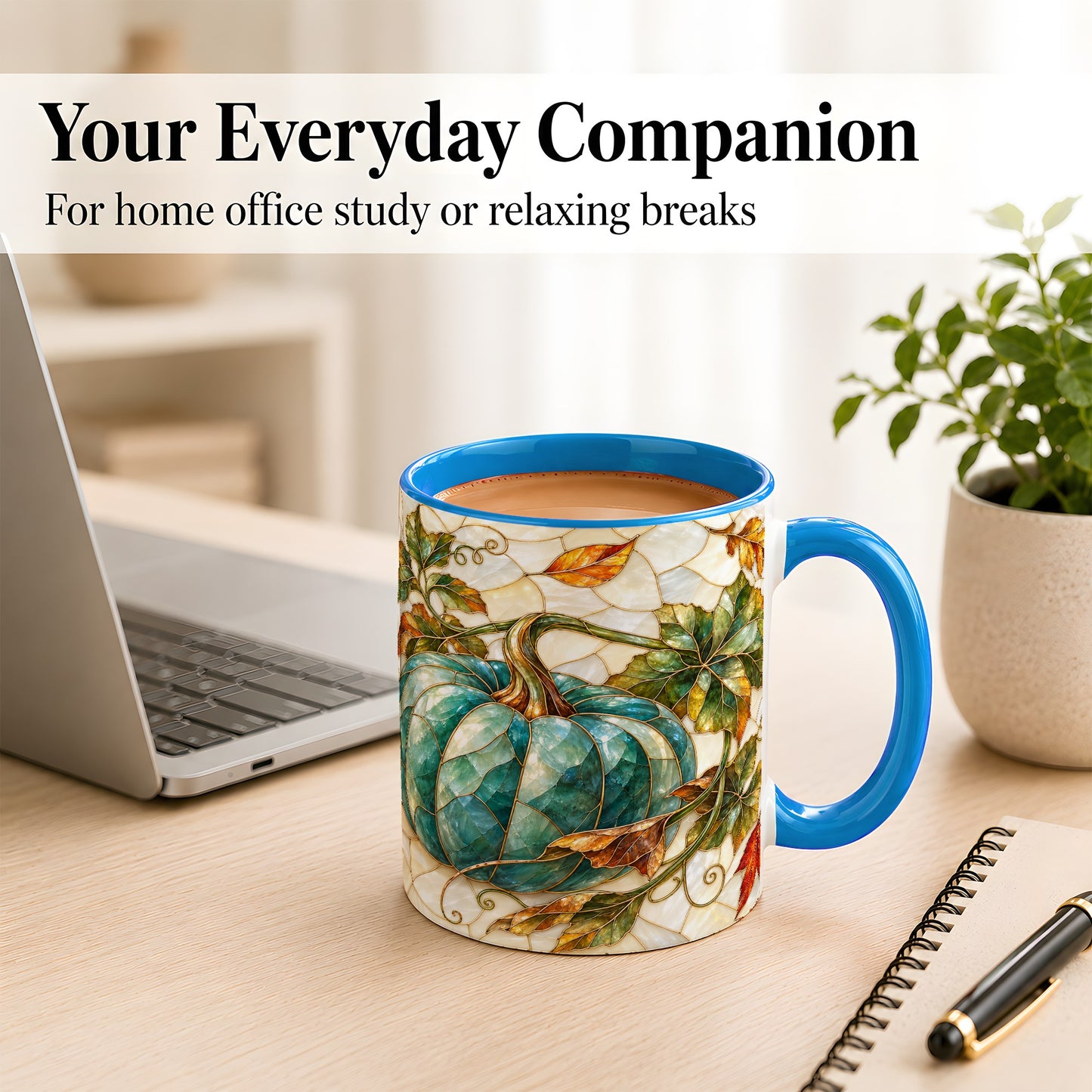 #pl[11oz|Blue] Mosaic Teal Pumpkin Coffee Mug, Fall Leaves Mug, Ceramic Cup