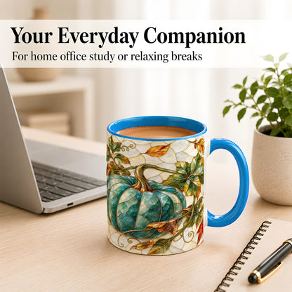 #pl[11oz|Blue] Mosaic Teal Pumpkin Coffee Mug, Fall Leaves Mug, Ceramic Cup