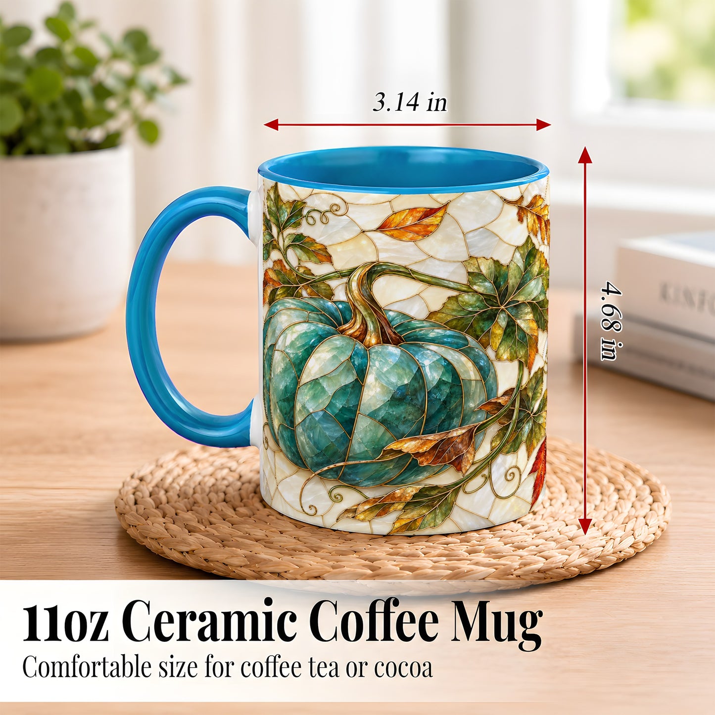 #pl[11oz|Blue] Mosaic Teal Pumpkin Coffee Mug, Fall Leaves Mug, Ceramic Cup