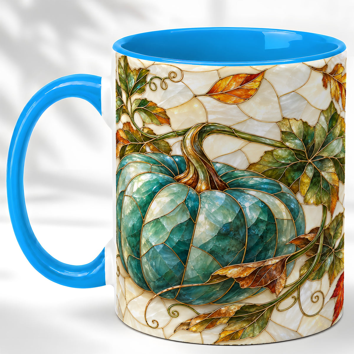 #pl[11oz|Blue] Mosaic Teal Pumpkin Coffee Mug, Fall Leaves Mug, Ceramic Cup