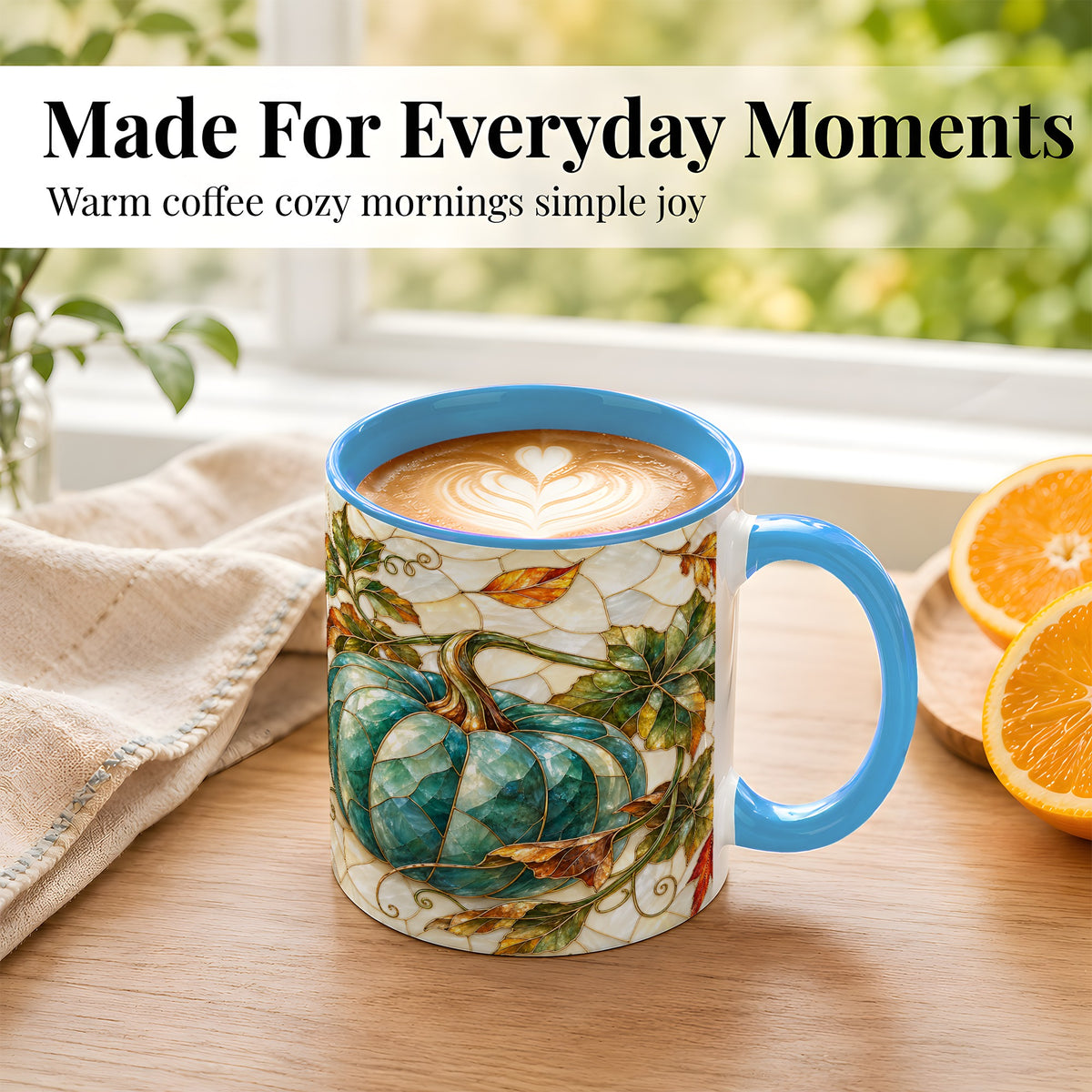 #pl[11oz|Blue] Mosaic Teal Pumpkin Coffee Mug, Fall Leaves Mug, Ceramic Cup