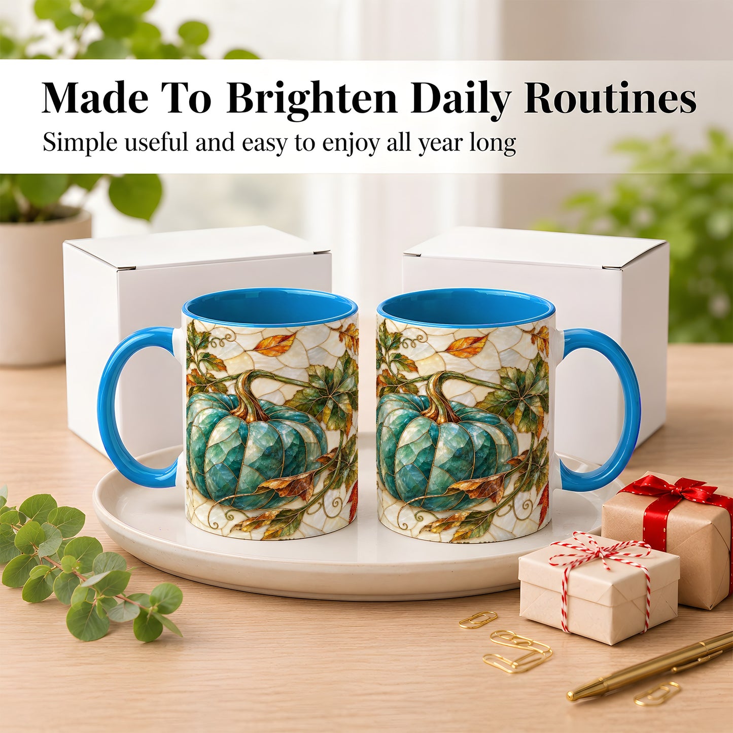 #pl[11oz|Blue] Mosaic Teal Pumpkin Coffee Mug, Fall Leaves Mug, Ceramic Cup