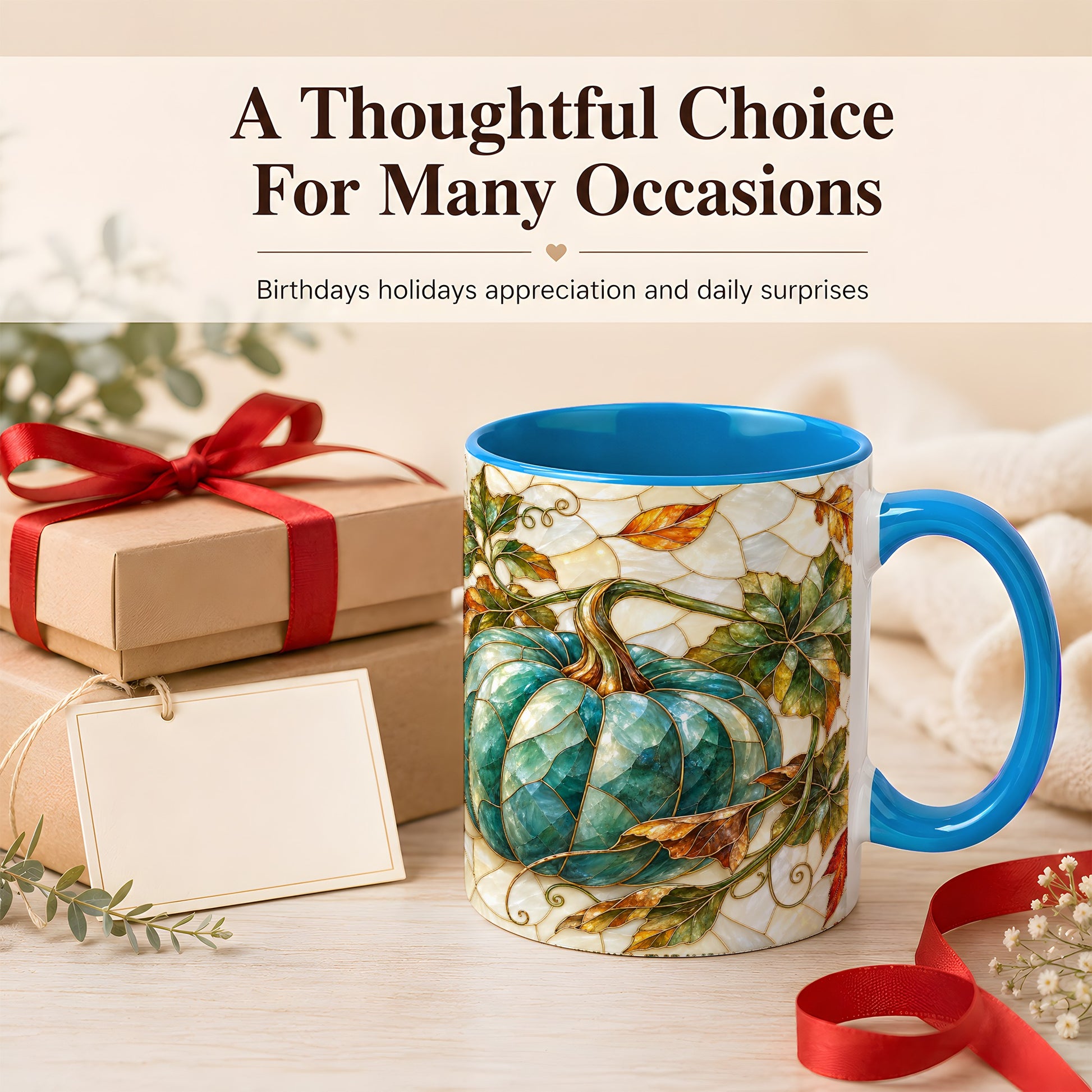 #pl[11oz|Blue] Mosaic Teal Pumpkin Coffee Mug, Fall Leaves Mug, Ceramic Cup