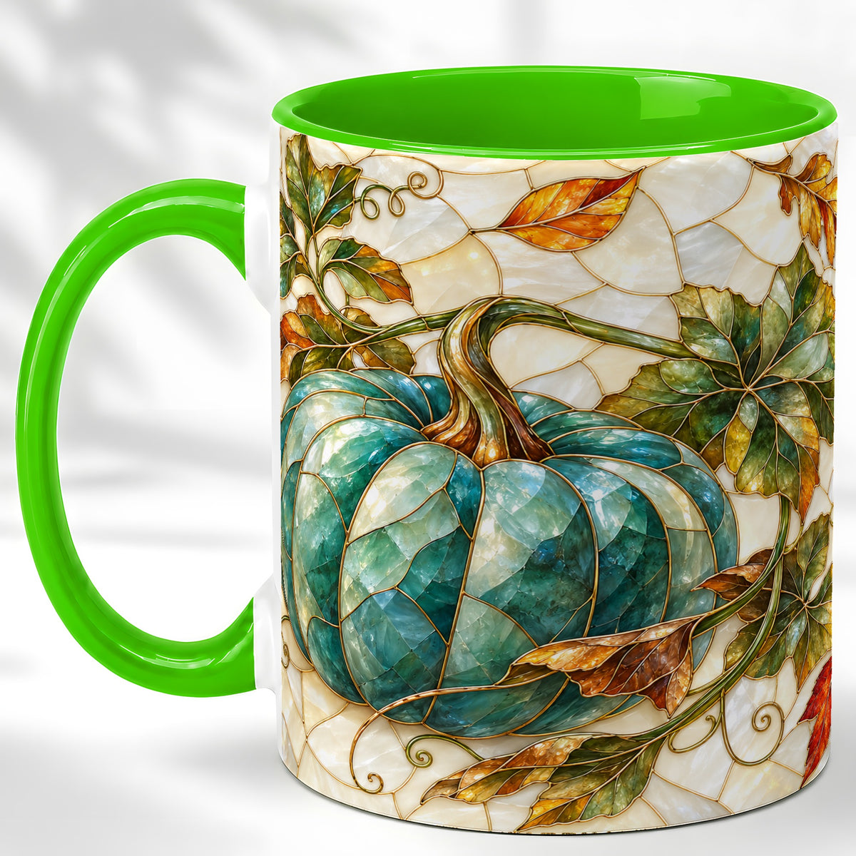 #pl[11oz|Green] Mosaic Teal Pumpkin Coffee Mug, Fall Leaves Mug, Ceramic Cup