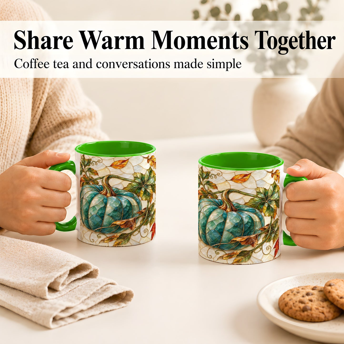 #pl[11oz|Green] Mosaic Teal Pumpkin Coffee Mug, Fall Leaves Mug, Ceramic Cup