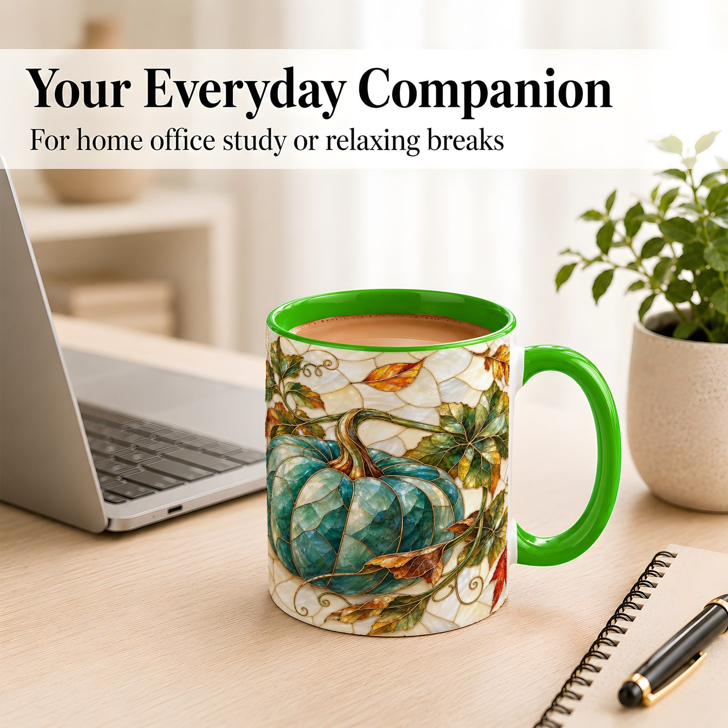 #pl[11oz|Green] Mosaic Teal Pumpkin Coffee Mug, Fall Leaves Mug, Ceramic Cup