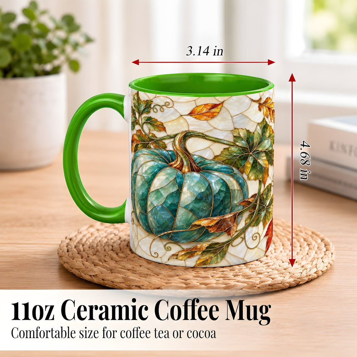 #pl[11oz|Green] Mosaic Teal Pumpkin Coffee Mug, Fall Leaves Mug, Ceramic Cup