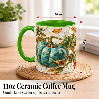 #pl[11oz|Green] Mosaic Teal Pumpkin Coffee Mug, Fall Leaves Mug, Ceramic Cup