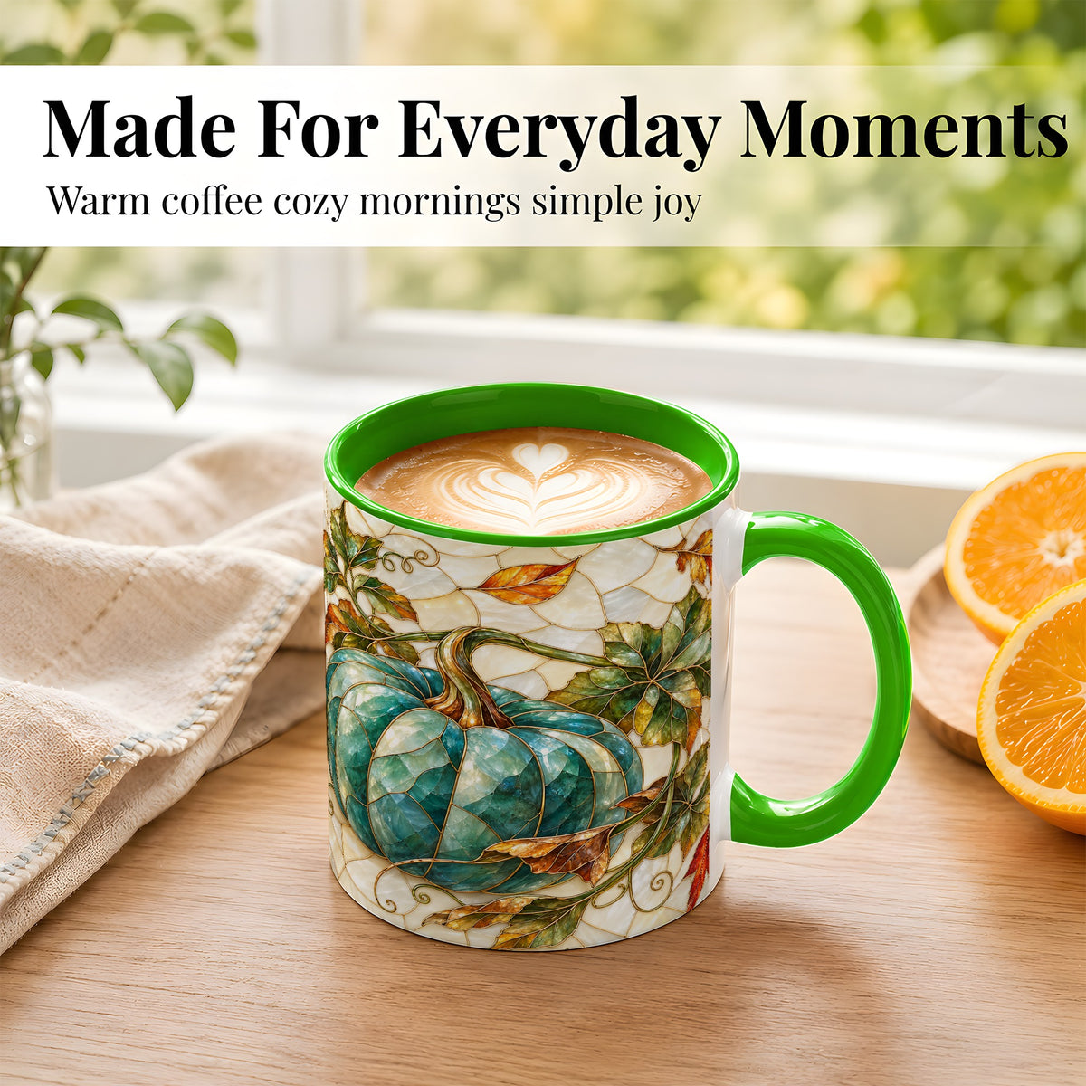#pl[11oz|Green] Mosaic Teal Pumpkin Coffee Mug, Fall Leaves Mug, Ceramic Cup