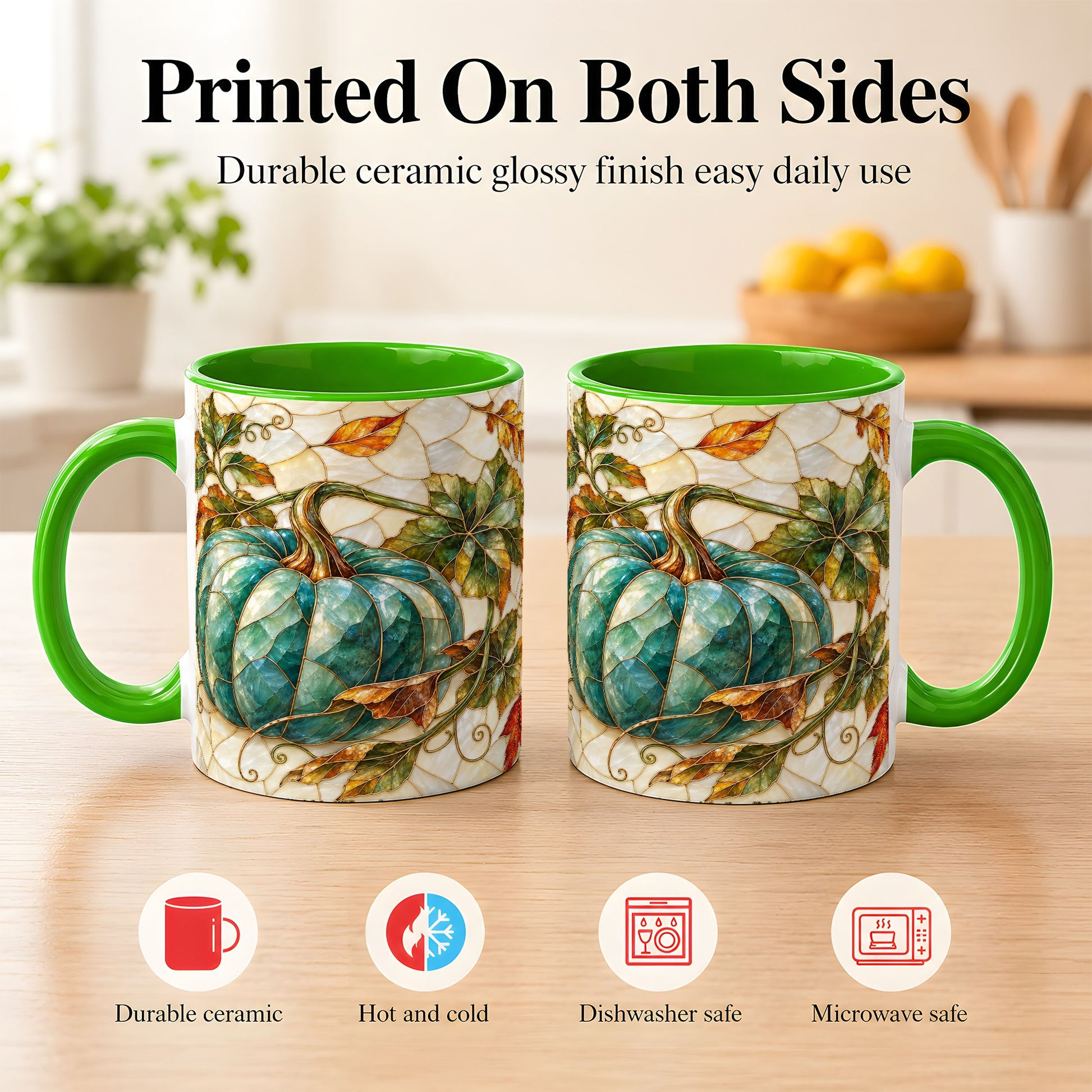 #pl[11oz|Green] Mosaic Teal Pumpkin Coffee Mug, Fall Leaves Mug, Ceramic Cup