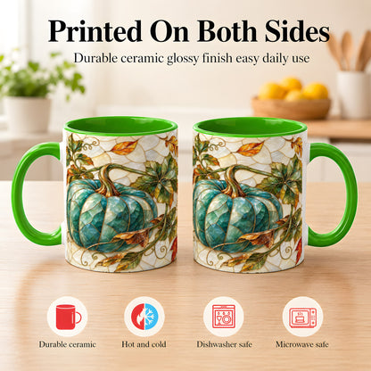 #pl[11oz|Green] Mosaic Teal Pumpkin Coffee Mug, Fall Leaves Mug, Ceramic Cup