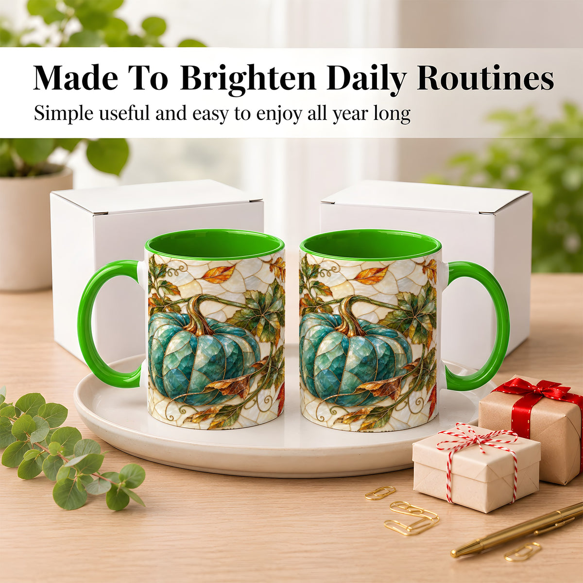 #pl[11oz|Green] Mosaic Teal Pumpkin Coffee Mug, Fall Leaves Mug, Ceramic Cup